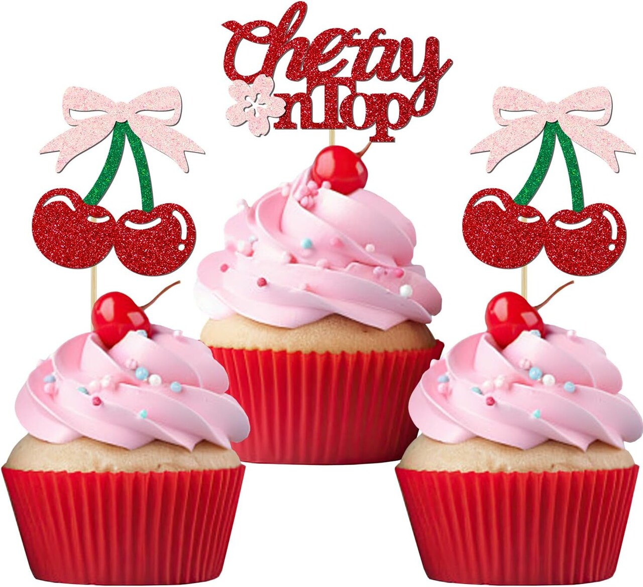 24-Pack “She’s the Cherry On Top” Glitter Cupcake Toppers – Cherry-Themed Cake Picks for Baby Showers, Bridal Showers & Fruit-Themed Parties
